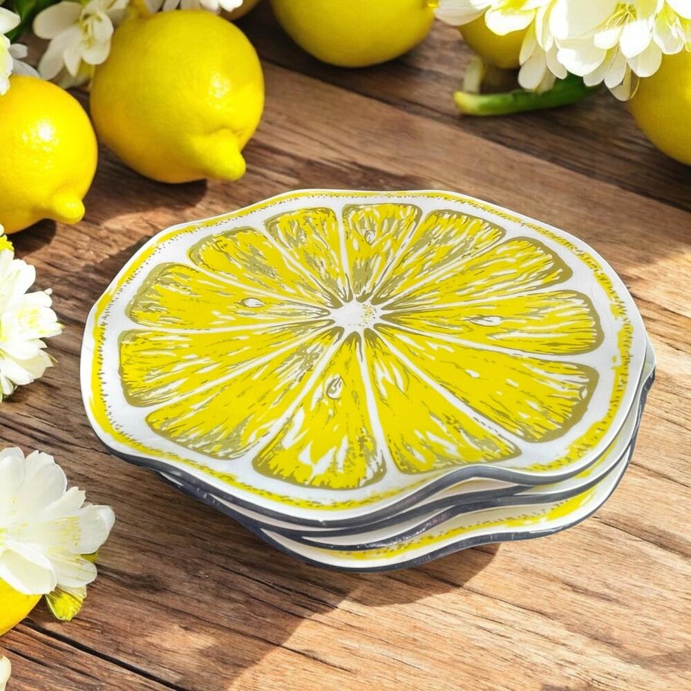Vtg. Stotter Lemon Slice Melamine Set of 4 Plates 7" MCM Retro Patio Cottagecore